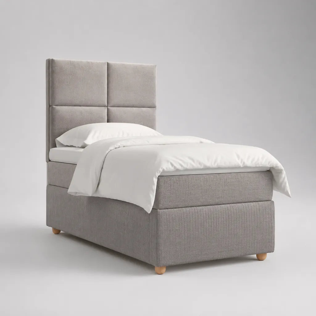 3-teiliges Boxspringbett 90 × 200 cm mit Matratze und gepolstertem Kopfteil, Stoff, Hellgrau