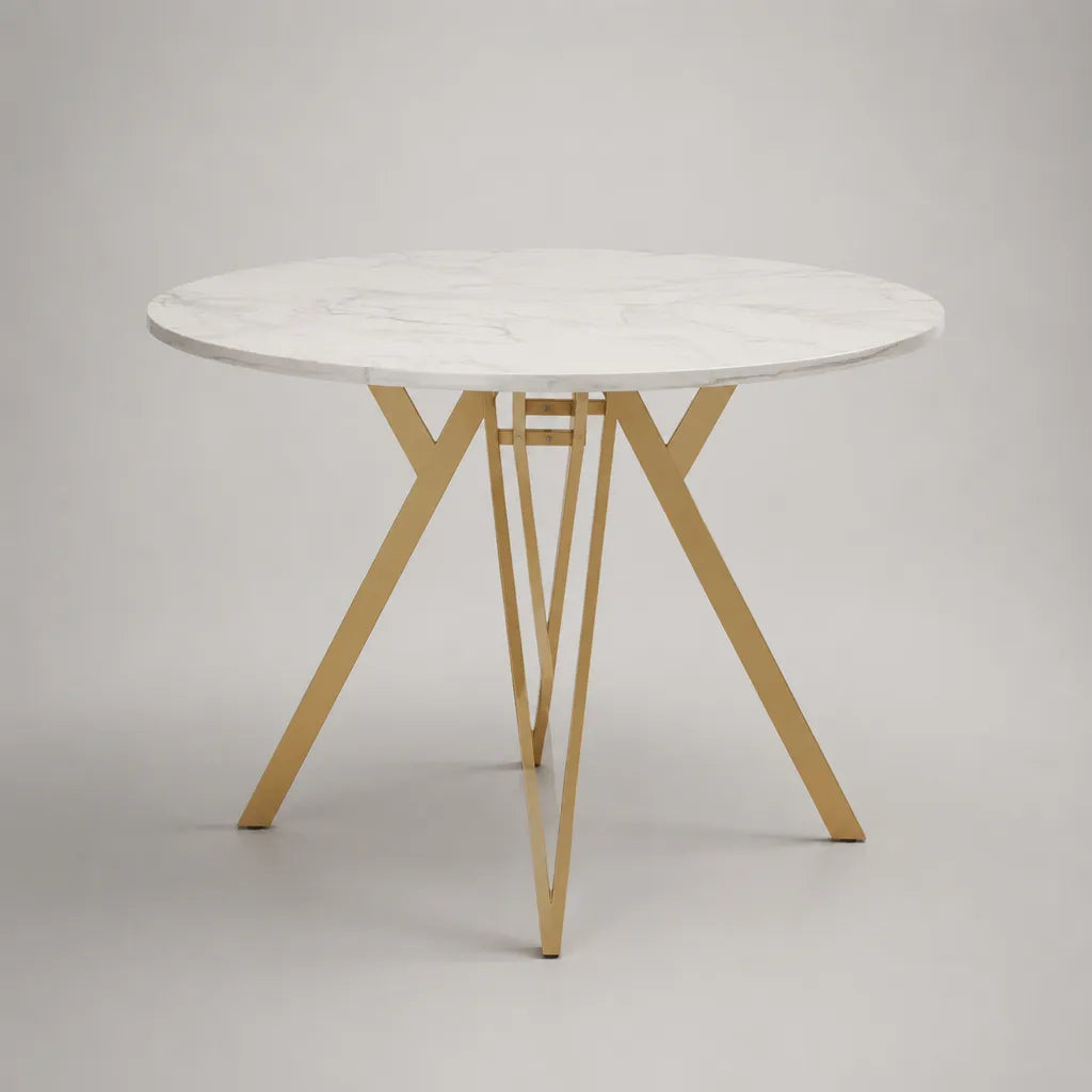 Runder Esstisch aus MDF und Stahl, Weiß-Gold in Marmoroptik, Ø 120 × H 75 cm