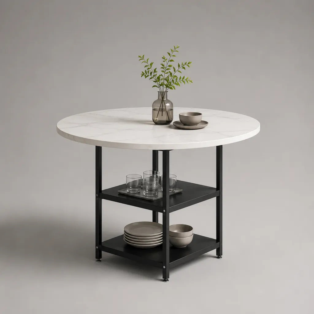 Runder Esstisch mit 2 Ablagen, MDF-Tischplatte in Marmoroptik, Stahlgestell, Weiß/Grau/Schwarz, Ø 110 × H 76 cm