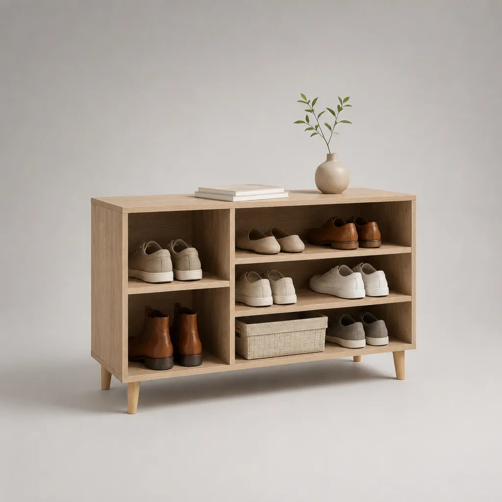 Offener Schuhschrank aus melaminharzbeschichteter Spanplatte, Eiche Natur, 110 × 35 × 80 cm, 5 Fächer