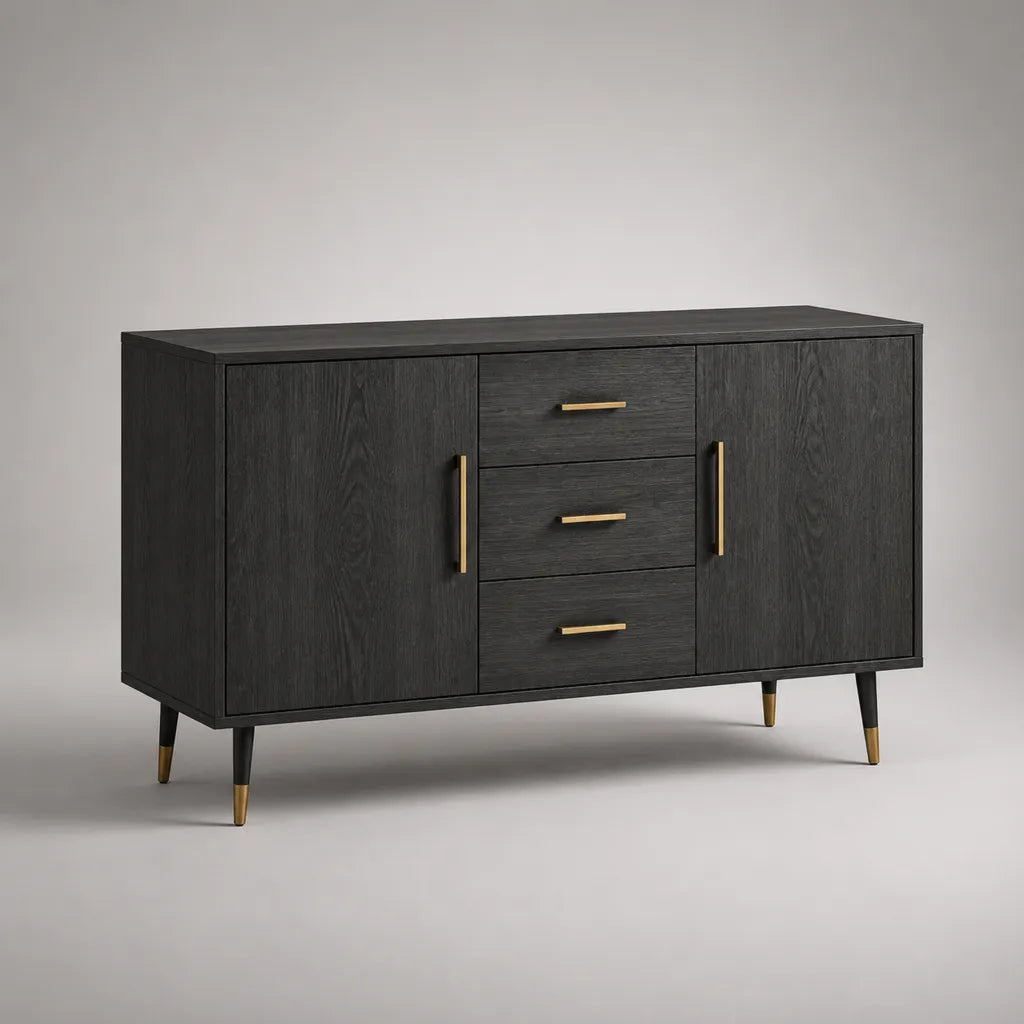 Sideboard mit 2 Türen und 3 Schubladen aus melaminharzbeschichteter Spanplatte, Schwarz/Gold, 140 × 40 × 80 cm