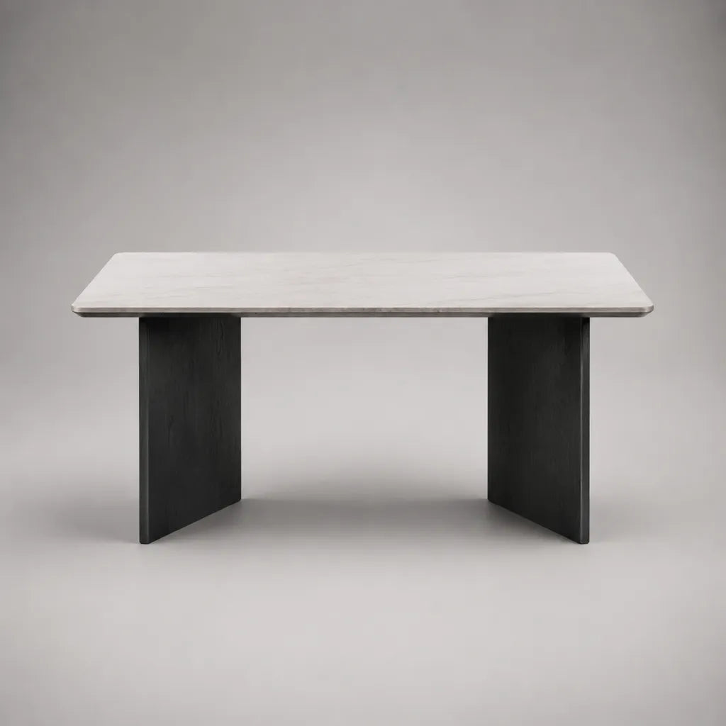 Rechteckiger Esstisch mit Keramikplatte in Marmoroptik und MDF-Wangenbeinen, Weiß/Grau/Schwarz, 160 × 80 × 75 cm