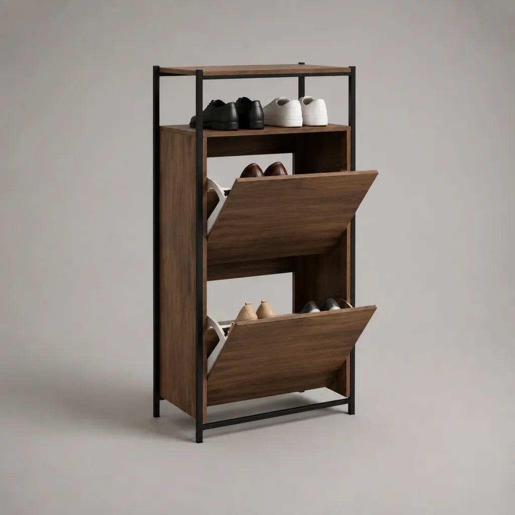 Schuhschrank mit 2 Klappen und 2 offenen Ablagen aus Spanplatte und Stahl, Walnussbraun-Schwarz, 63 × 24 × 120 cm