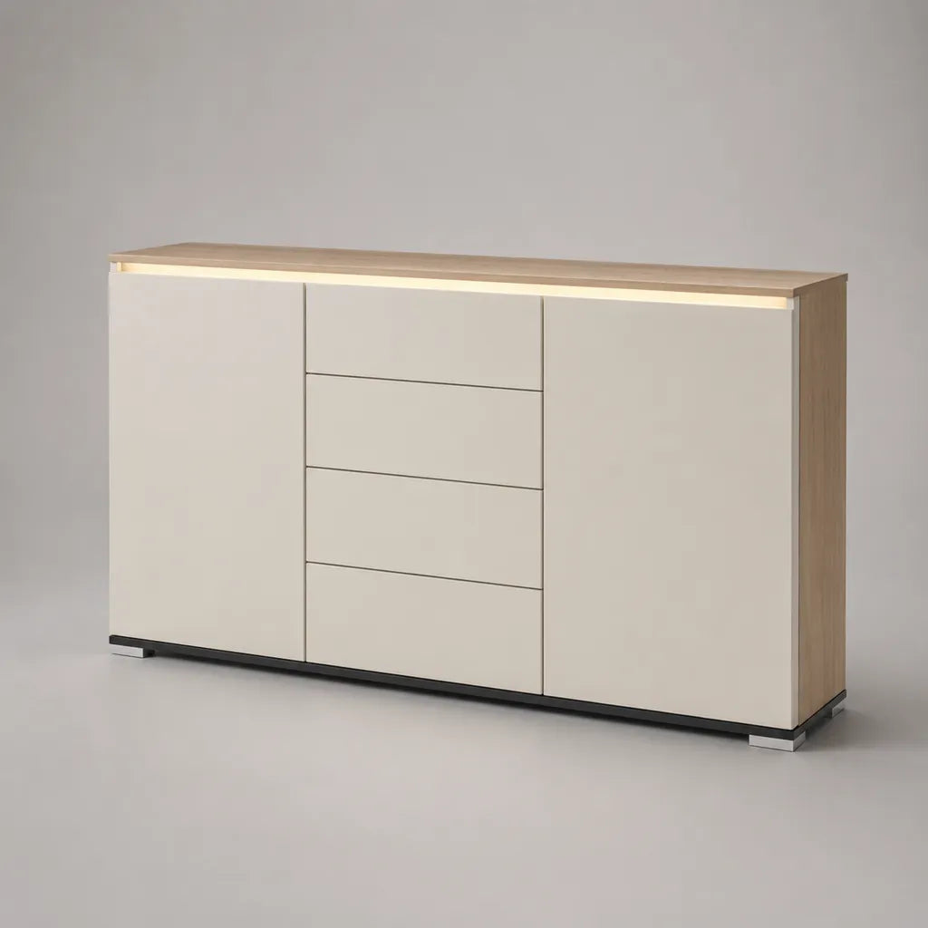 Sideboard mit LED-Beleuchtung, 2 Türen und 4 Schubladen, Holz, Weiß/Eiche, 160 × 40 × 90 cm