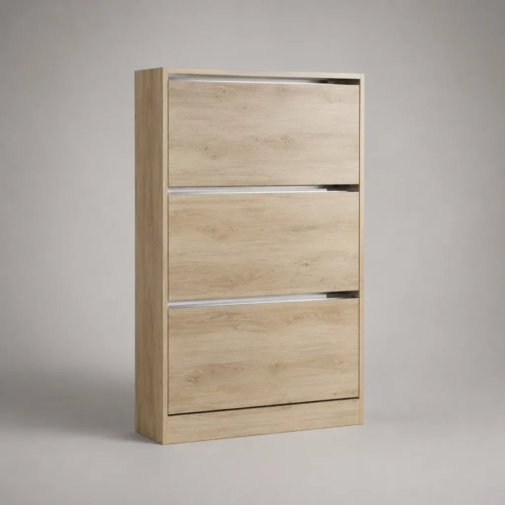 Schuhschrank aus melaminbeschichteter Spanplatte mit 3 Klappen, Eiche hell und Silber, 60 × 24 × 120 cm
