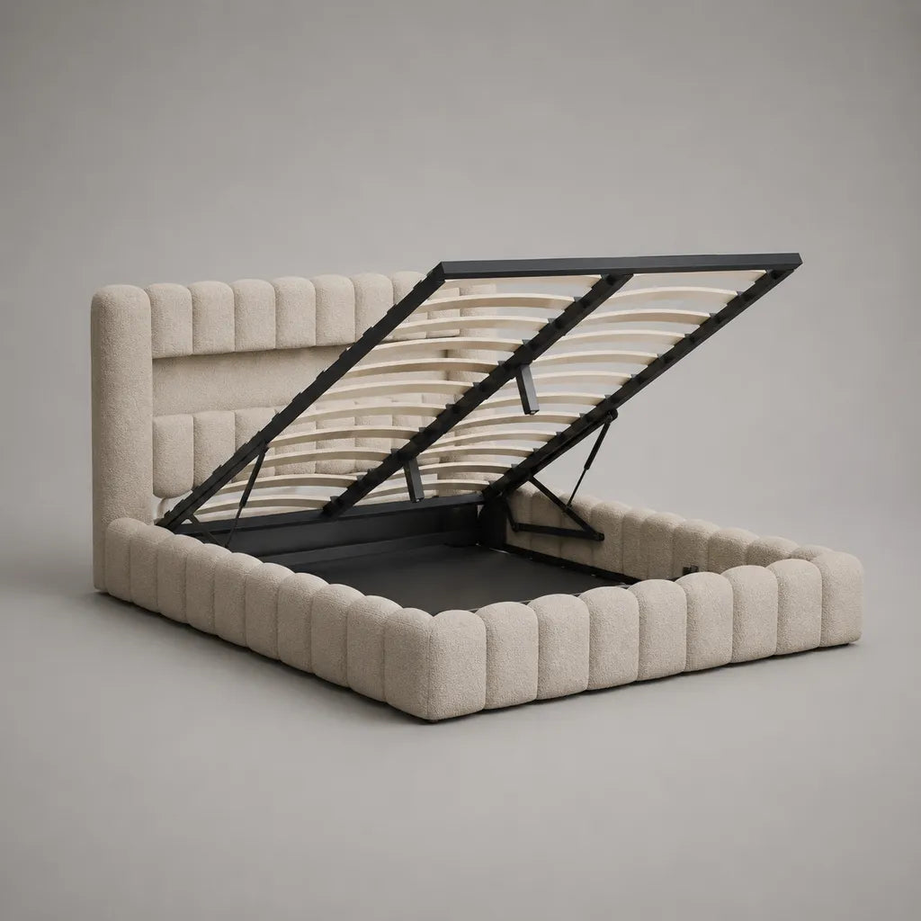 Stauraumbett Polsterbett mit Bettkasten, Bouclé-Polyester, Stahlrahmen und Sperrholzlatten, Creme/Schwarz, 218 × 180 × 118 cm, Liegefläche 160 × 200 cm