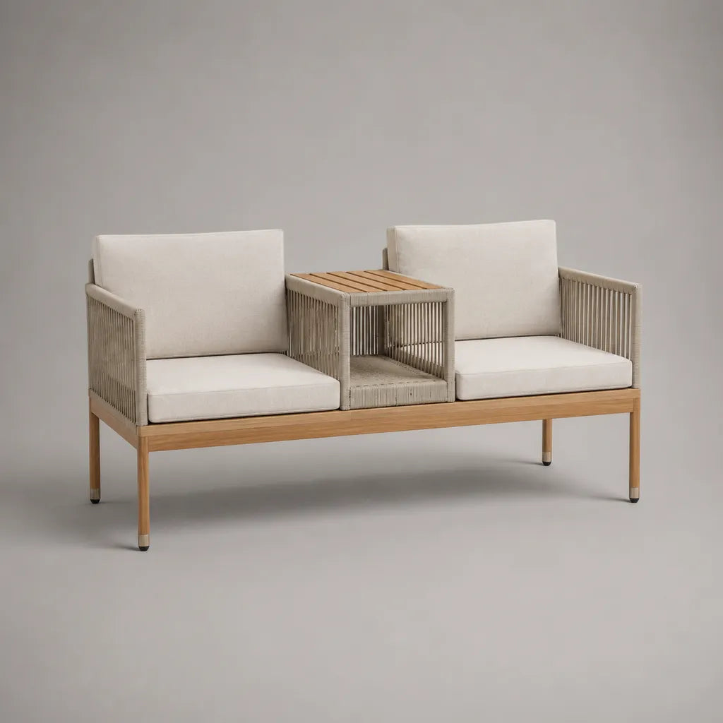 Gartenbank 2-Sitzer mit integriertem Mitteltisch aus Akazienmassivholz und PP-Seilgeflecht, Beige/Naturbraun, 165 x 70 x 78 cm