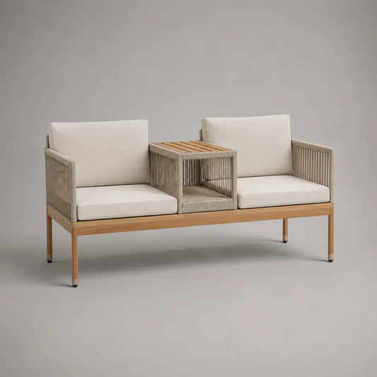 Gartenbank 2-Sitzer mit integriertem Mitteltisch aus Akazienmassivholz und PP-Seilgeflecht, Beige/Naturbraun, 165 x 70 x 78 cm