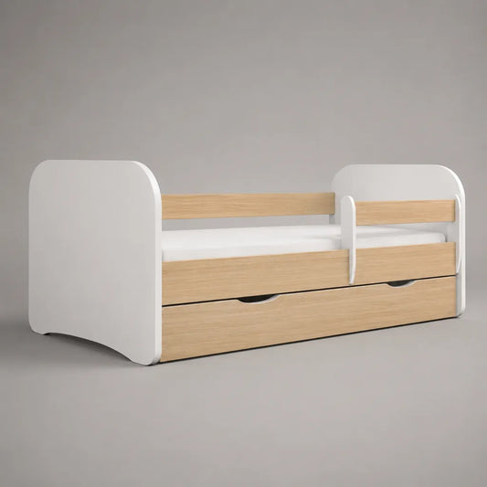 2-teiliges Kinderbett-Set mit Matratze, Rausfallschutz und Bettkasten, Spanplatte, Weiß/Eiche Natur, Liegefläche 160 × 80 cm