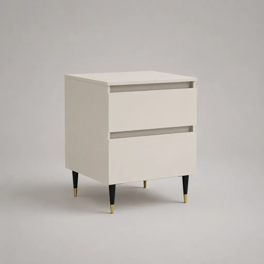 Nachttisch mit 2 Schubladen aus MDF und Spanplatte, Weiß, Schwarz und Goldfarben, 45 × 40 × 58 cm