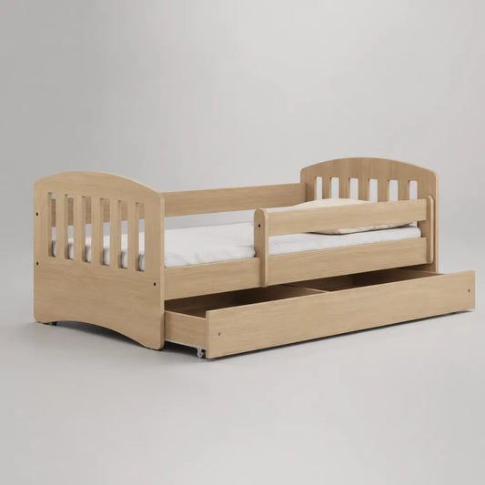 Kinderbett aus melaminharzbeschichteter Spanplatte mit Bettkasten und Rausfallschutz, Eiche Natur, 145 × 76 × 72 cm, Liegefläche 70 × 140 cm