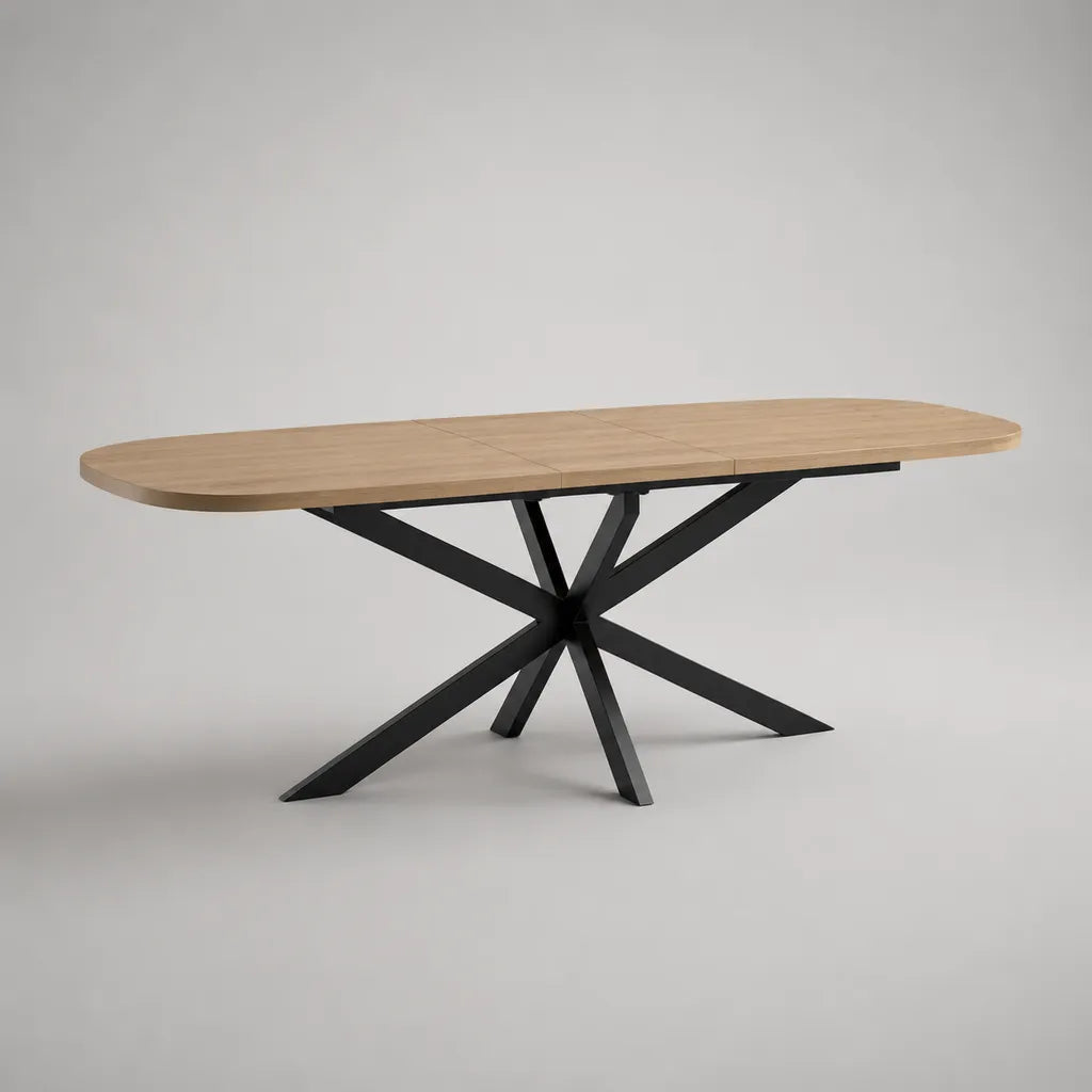 Ausziehbarer ovaler Esstisch aus Holz und Stahl, Natur/Schwarz, 180–220 × 90 × 76 cm