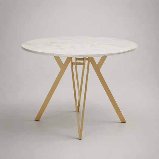 Runder Esstisch aus MDF und Stahl, Weiß-Gold in Marmoroptik, Ø 120 × H 75 cm