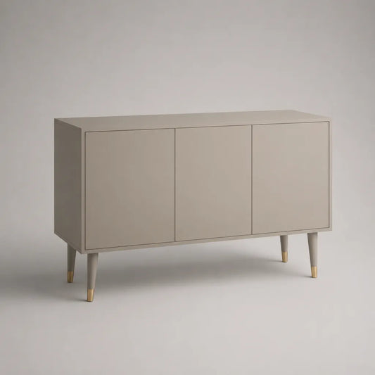 Rechteckiges Sideboard mit 3 Türen aus MDF und Kautschukholz, Beige und Goldfarben, 120 × 40 × 75 cm