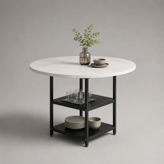 Runder Esstisch mit 2 Ablagen, MDF-Tischplatte in Marmoroptik, Stahlgestell, Weiß/Grau/Schwarz, Ø 110 × H 76 cm