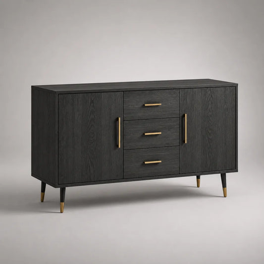 Sideboard mit 2 Türen und 3 Schubladen aus melaminharzbeschichteter Spanplatte, Schwarz/Gold, 140 × 40 × 80 cm