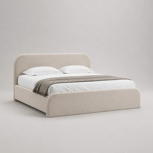 Polsterbett-Doppelbett mit Stoffbezug und abgerundetem Kopfteil, Beige, Liegefläche 160 × 200 cm, Gesamtmaß 218 × 176 × 105 cm