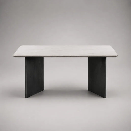Rechteckiger Esstisch mit Keramikplatte in Marmoroptik und MDF-Wangenbeinen, Weiß/Grau/Schwarz, 160 × 80 × 75 cm