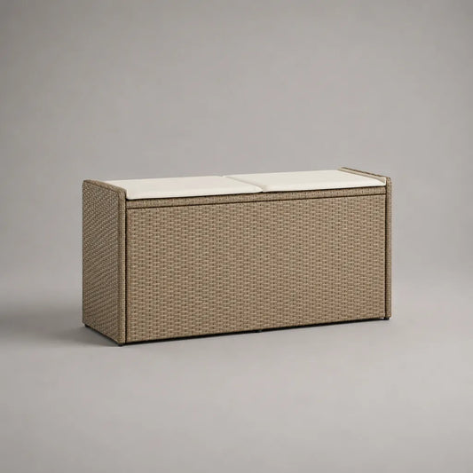 2-Sitzer-Gartenbank mit Stauraum aus PE-Rattan und Stahl, Beige/Cremeweiß, 120 × 50 × 50 cm