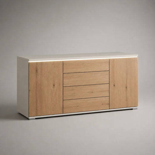 Sideboard-Kommode mit LED-Beleuchtung aus melaminbeschichteter Spanplatte, Weiß und Eichefarben, 160 × 40 × 80 cm