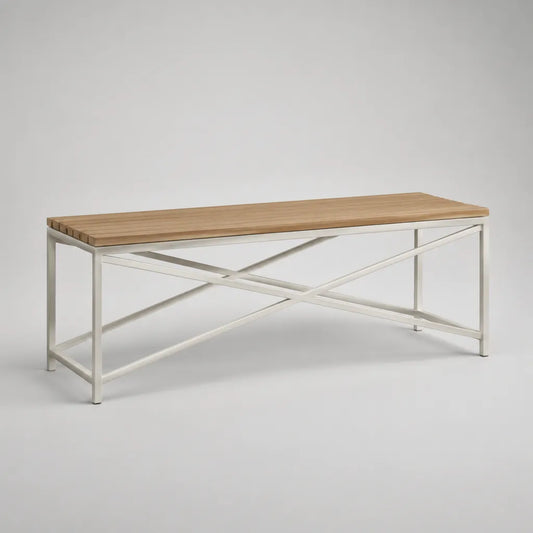 Gartenbank, 3-Sitzer aus Akazien-Massivholz und pulverbeschichtetem Stahl, Naturbraun/Weiß, 150 × 40 × 45 cm